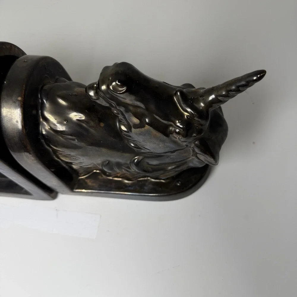 Set Of 2 VTG Ceramic Unicorn Bookends 80s Fantasy Bronze‎ Glaze Horn 7